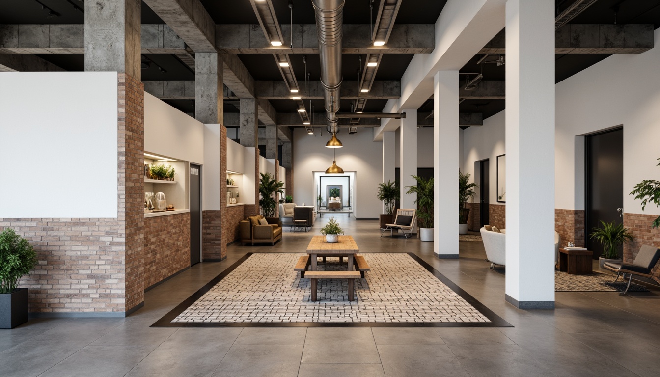 Prompt: Polished concrete walls, industrial chic exposed ductwork, minimalist white paint, sleek metal accents, reclaimed wood paneling, geometric patterned tiles, matte black trim, warm ambient lighting, 1/1 composition, shallow depth of field, realistic textures, soft focus effect.