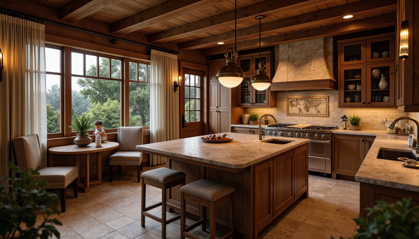 Prompt: Warm kitchen, rustic Craftsman style, wooden cabinetry, granite countertops, pendant lighting, warm brass fixtures, soft ambient glow, cozy breakfast nook, natural stone flooring, earthy color palette, vintage metal lanterns, distressed wood accents, rich textures, warm candlelight, shallow depth of field, 1/1 composition, realistic renderings, subtle shadows.