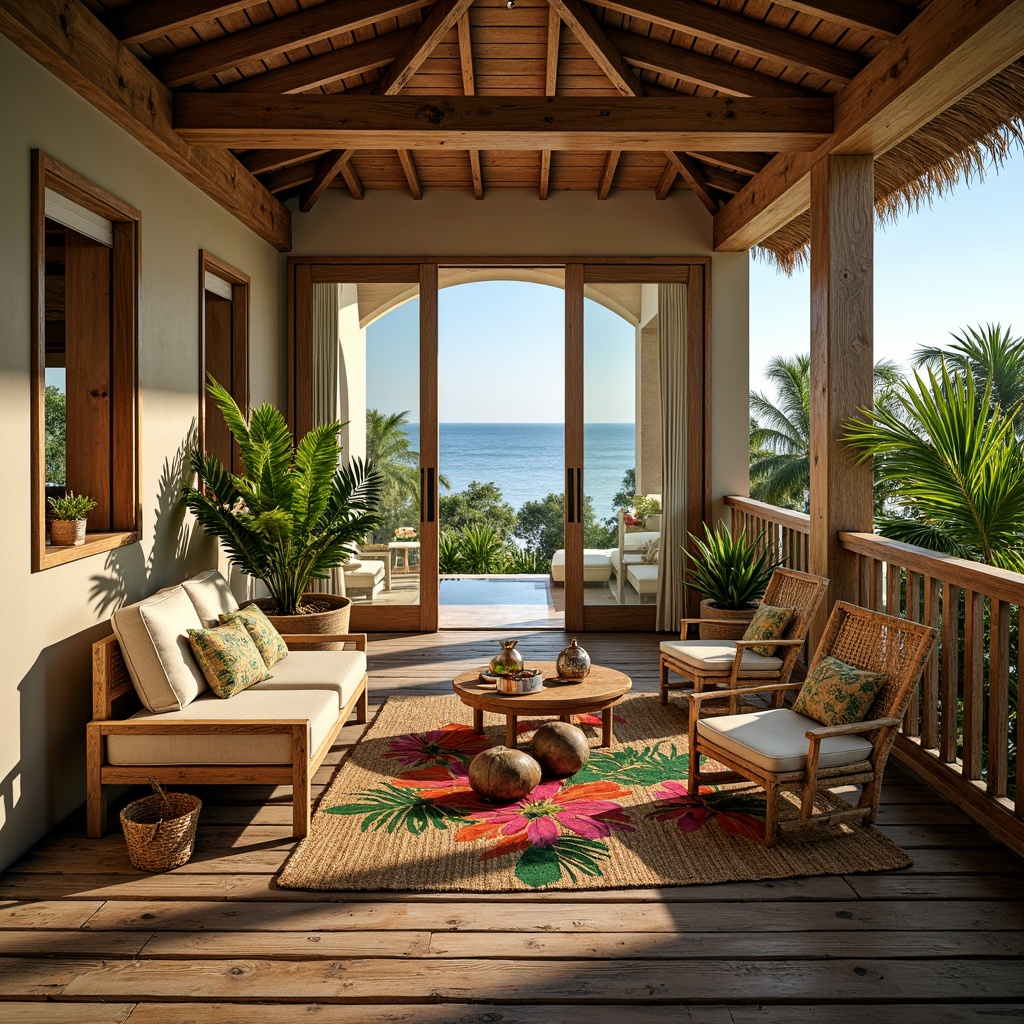 Prompt: Rustic wooden furniture, natural rattan accents, vibrant tropical prints, lush greenery, exotic flowers, woven bamboo textiles, reclaimed wood flooring, plush area rugs, coconut shell decorations, wicker peacock chairs, colorful tiki torches, lantern-style lighting, warm beige walls, sliding glass doors, outdoor veranda, tranquil ocean views, sunny day, soft warm lighting, shallow depth of field, 3/4 composition, realistic textures, ambient occlusion.