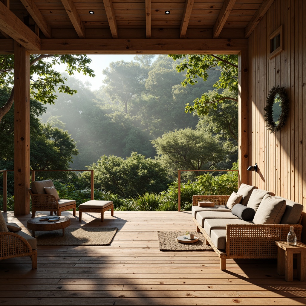 Prompt: Rustic wooden accents, reclaimed wood floors, natural stone walls, earthy color palette, organic textures, woven bamboo furniture, living green roofs, lush vegetation, serene forest surroundings, misty morning light, soft warm ambiance, 1/1 composition, realistic material rendering, ambient occlusion, subtle shadows, warm beige tones, cozy intimate spaces.