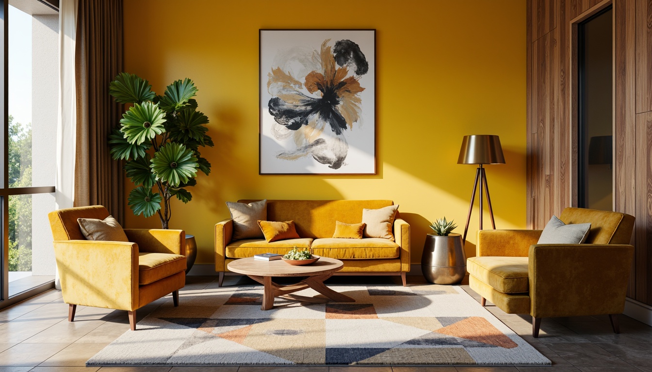 Prompt: Vibrant living room, bold yellow accent wall, plush velvet sofa, rich walnut wood furniture, metallic gold lamp shades, geometric patterned rug, modern abstract artwork, natural stone flooring, floor-to-ceiling windows, abundant daylight, soft warm lighting, 1/1 composition, realistic textures, ambient occlusion.