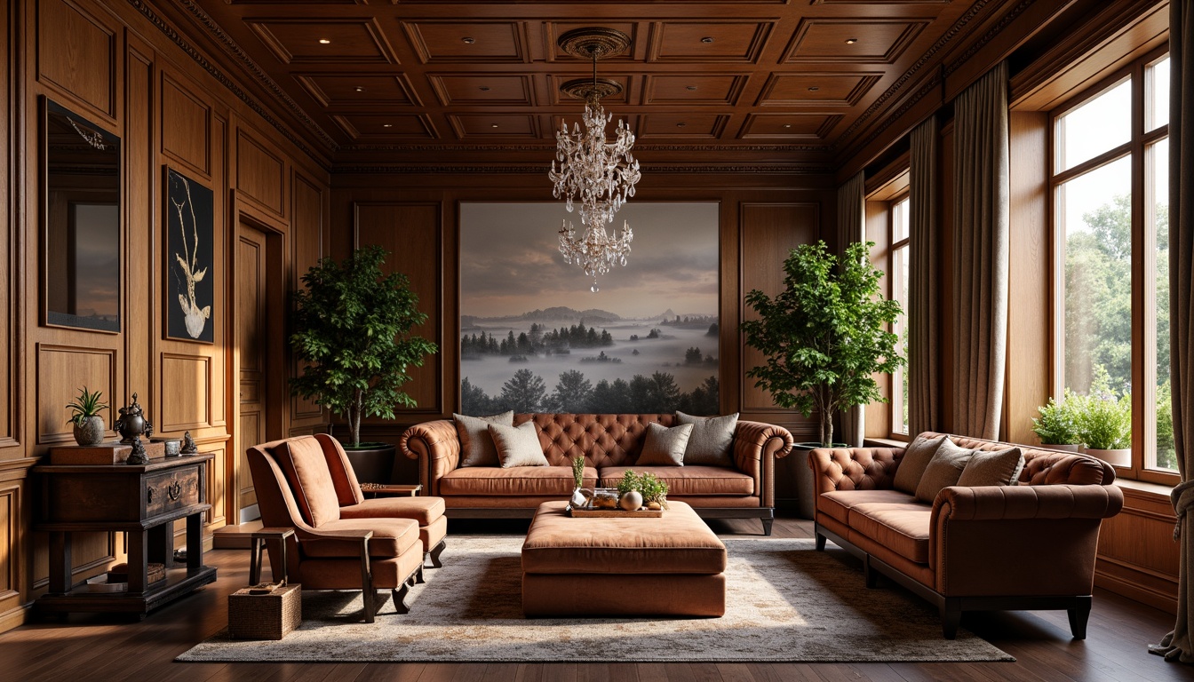 Prompt: Elegant living room, rich wooden tones, ornate carvings, velvet upholstery, antique furniture pieces, distressed leather armchairs, tufted ottomans, classic rolled-arm sofas, marble coffee tables, crystal chandeliers, floor-to-ceiling drapery, heavy silk curtains, soft warm lighting, shallow depth of field, 1/1 composition, realistic textures, ambient occlusion.