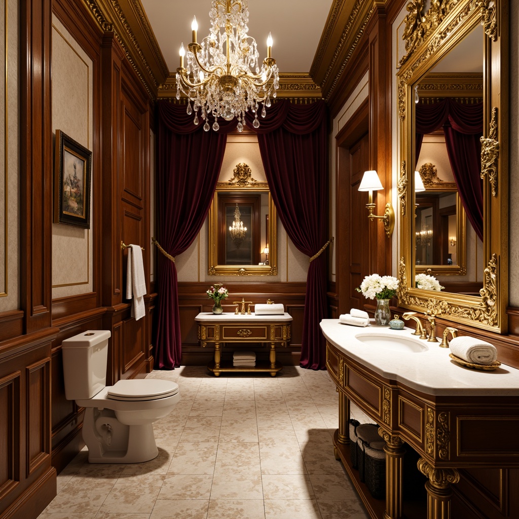 Prompt: Ornate powder room, classicism style, golden accents, marble countertops, decorative mirrors, crystal chandeliers, lavish furnishings, velvet drapes, intricate moldings, gilded frames, ornamental vases, porcelain figurines, rich wood paneling, soft warm lighting, shallow depth of field, 1/1 composition, realistic textures, ambient occlusion.