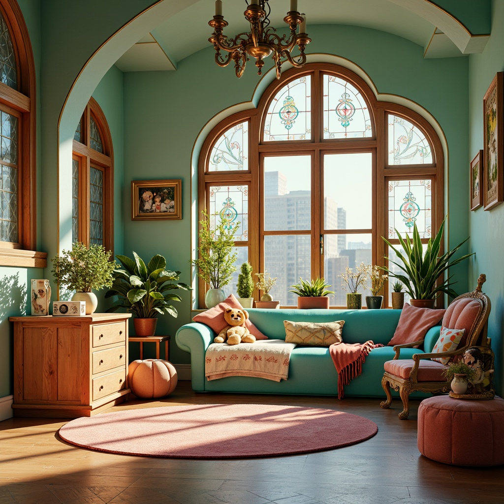 Prompt: Whimsical kid's room, ornate furniture, sinuous lines, organic shapes, flowing curves, vibrant turquoise, rich gold accents, soft sage green, creamy ivory, bold coral pink, luxurious velvet fabrics, intricate wooden carvings, stained glass windows, natural light pouring in, warm afternoon sunbeams, shallow depth of field, 1/2 composition, realistic textures, ambient occlusion.