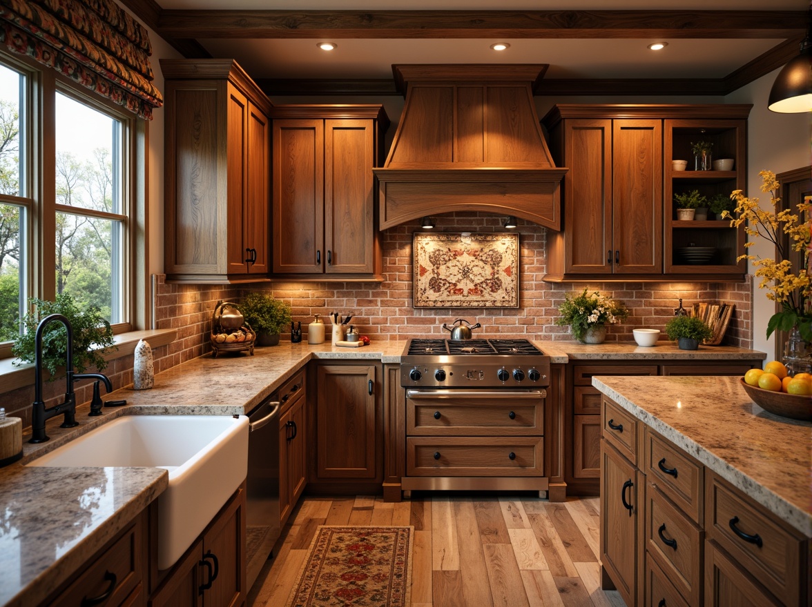 Prompt: Warm cabinetry, rich wood tones, rustic metal hardware, earthy color palette, natural stone countertops, farmhouse sink, apron-front cabinets, decorative corbels, ornate trims, warm pendant lighting, cozy breakfast nook, wooden flooring, brick backsplash, classic shaker style, soft close drawers, ambient occlusion, 1/1 composition, shallow depth of field, realistic textures.