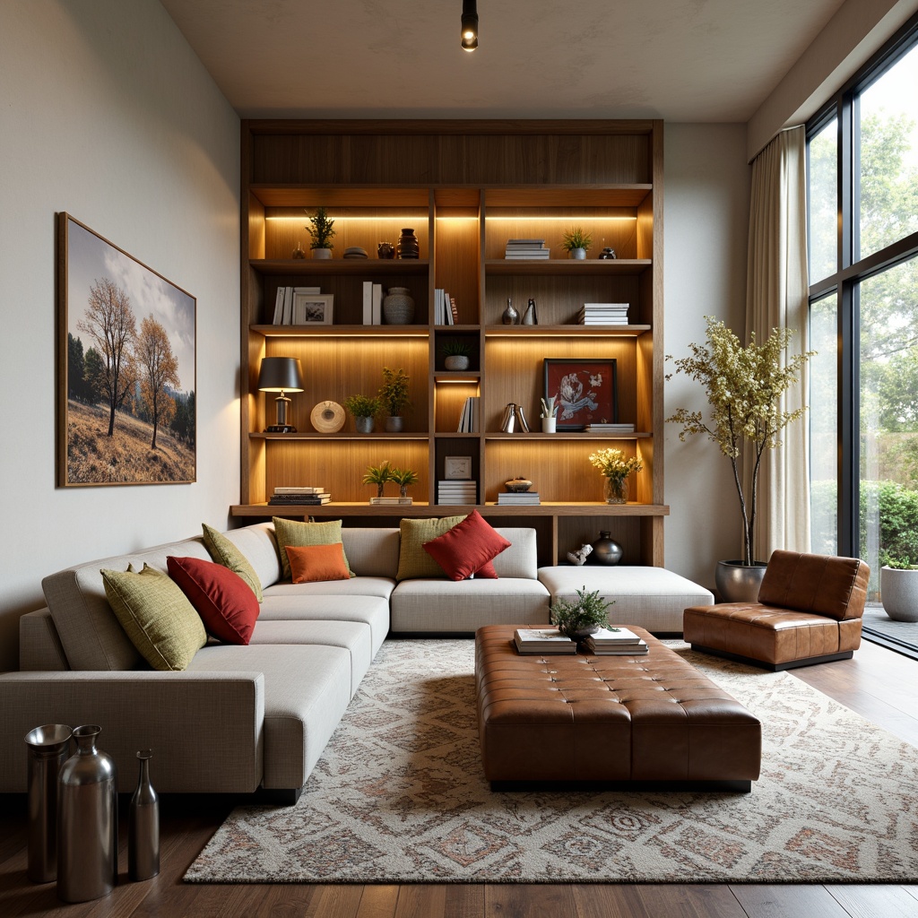 Prompt: Modern living room, sleek coffee table, comfortable sectional sofa, vibrant throw pillows, rustic wooden shelves, industrial metal lamps, geometric patterned rug, floor-to-ceiling windows, natural light, cozy reading nook, functional storage ottoman, rich brown leather armchair, decorative wall art, minimalist decor, warm beige walls, soft cream curtains, atmospheric ambient lighting, 1/2 composition, realistic textures, subtle color palette.