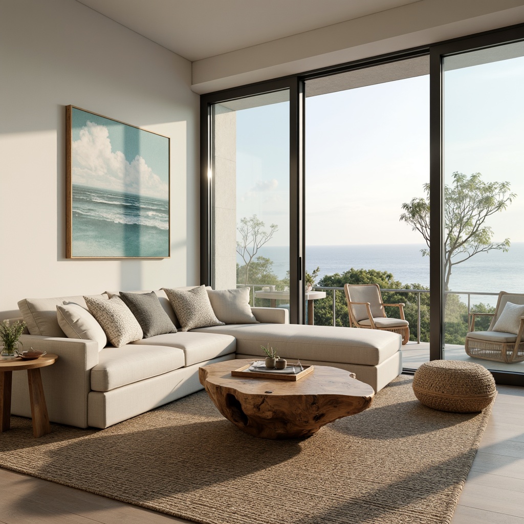 Prompt: Coastal living room, natural linen upholstery, driftwood coffee table, jute rug, sea salt hues, ocean-inspired artwork, floor-to-ceiling windows, sliding glass doors, beachy vibes, minimal ornamentation, airy atmosphere, abundant natural light, soft warm glow, 1/1 composition, realistic textures, ambient occlusion, comfortable reading nook, plush throw pillows, woven sea grass baskets, distressed wood accents, calming color palette.