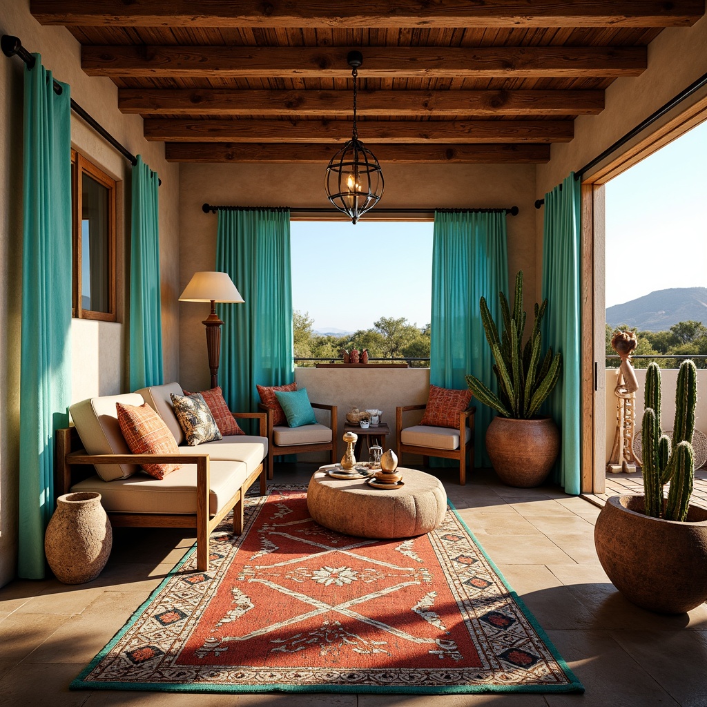 Prompt: Vibrant turquoise accents, rustic wooden furniture, woven textiles, patterned rugs, earthy tones, clay pottery, natural fabrics, distressed leather, ornate metalwork, geometric patterns, bold color schemes, Southwestern-inspired motifs, cactus-shaped decorations, desert landscape views, warm sunny lighting, shallow depth of field, 3/4 composition, panoramic view, realistic textures, ambient occlusion.