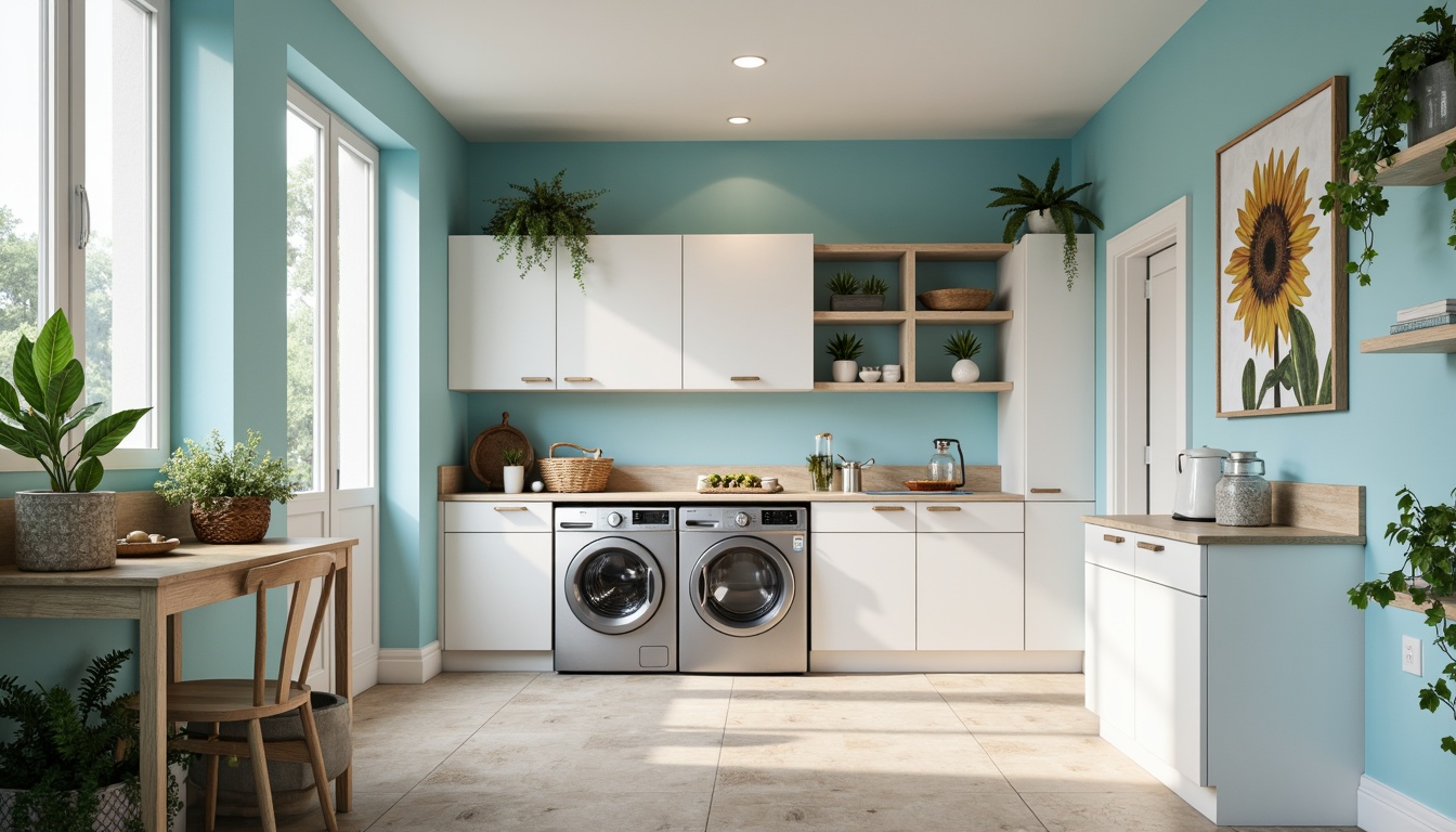 Prompt: Vibrant laundry room, soft pastel hues, calming blue tones, crisp white cabinetry, sleek metal appliances, warm beige countertops, natural stone flooring, ample task lighting, refreshing greenery, subtle texture variations, cozy ambiance, inviting atmosphere, functional shelving units, modern minimalist decor, airy open space, bright overhead lighting, 3/4 composition, realistic textures, ambient occlusion.