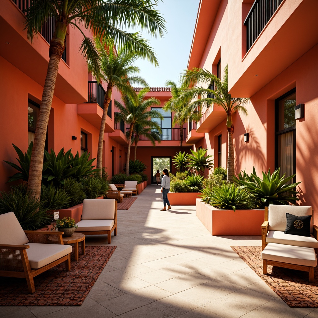 Prompt: Vibrant student hall, tropical color palette, bright coral walls, lush greenery, exotic palm trees, warm wooden accents, rattan furniture, colorful tiki torches, woven bamboo textures, natural fiber rugs, sunny day, soft warm lighting, shallow depth of field, 3/4 composition, panoramic view, realistic textures, ambient occlusion.