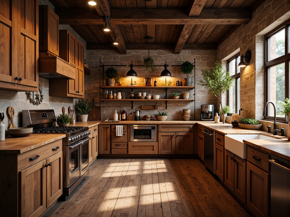 Prompt: Rustic kitchen, warm wooden cabinetry, earthy tone countertops, natural stone surfaces, butcher block islands, farmhouse sinks, industrial-style lighting, exposed brick walls, distressed wood flooring, vintage appliances, earthy color palette, warm ambient lighting, soft focus, 1/1 composition, realistic textures, atmospheric perspective.