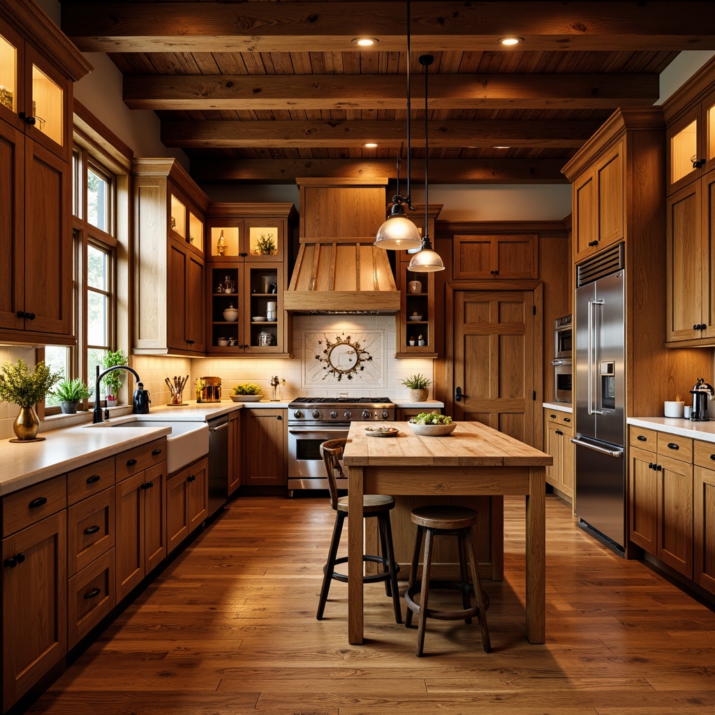 Prompt: Warm kitchen ambiance, rich wood tones, craftsman-style cabinetry, ornate metal hardware, soft warm lighting, earthy color palette, natural stone countertops, butcher block islands, rustic wooden beams, farmhouse sinks, apron-front cabinets, decorative corbels, raised-panel doors, soft-close drawers, oil-rubbed bronze finishes, traditional kitchen layout, cozy breakfast nooks, 1/1 composition, realistic wood textures, ambient occlusion.