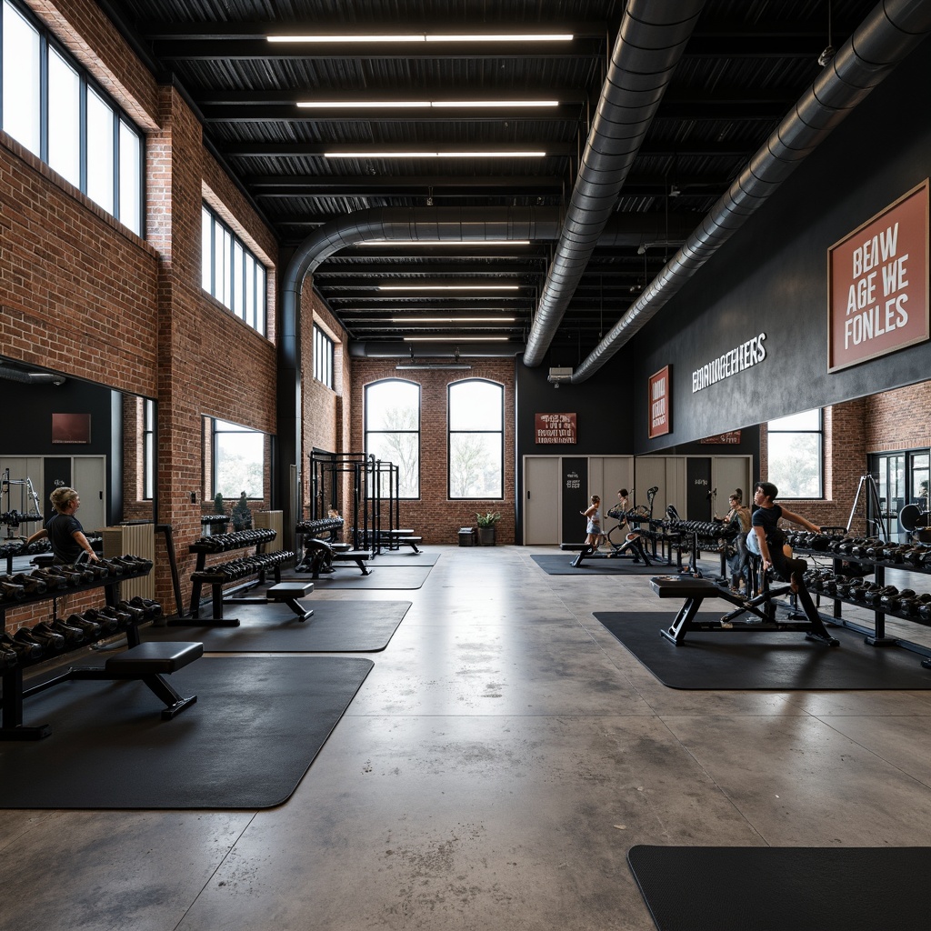 Prompt: Modern home gym, industrial-style interior, exposed brick walls, metal beams, polished concrete floors, sleek equipment racks, mirrored walls, motivational quotes, high-intensity lighting, rubber flooring, sound-absorbing panels, ventilation systems, adjustable dumbbells, exercise machines, free weights, yoga mats, jump ropes, medicine balls, functional training areas, open space planning, minimalist decor, urban loft ambiance, natural light pouring in, shallow depth of field, 1/1 composition, realistic textures.