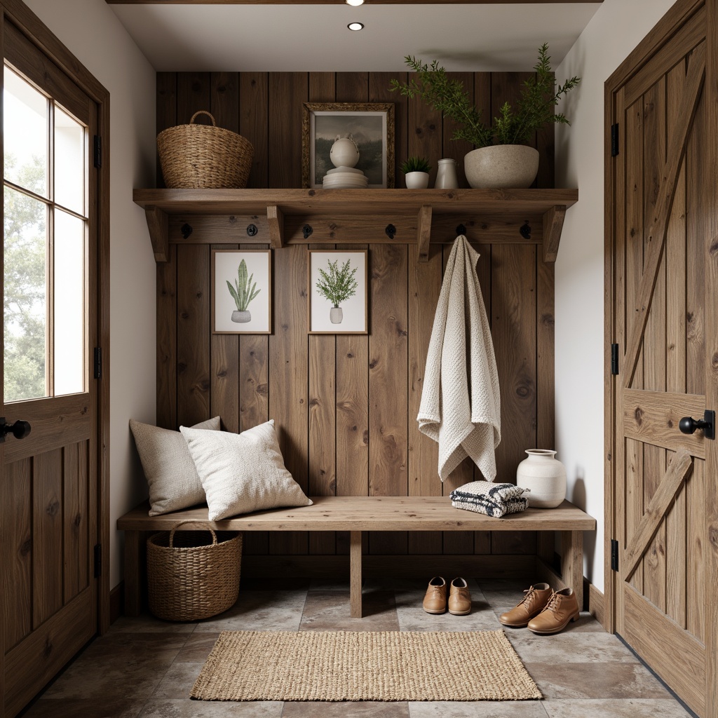 Prompt: Rustic mudroom, vintage farmhouse decor, wooden bench seating, distressed metal frames, plush throw pillows, woven jute rugs, natural stone flooring, reclaimed wood accents, earthy color palette, warm cozy lighting, shallow depth of field, 1/1 composition, realistic textures, ambient occlusion.