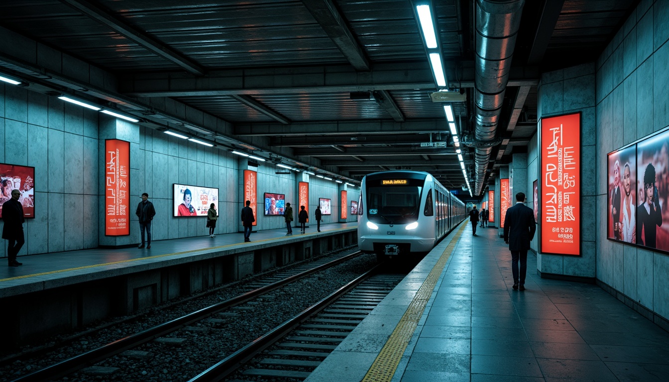 Prompt: Urban metro station, exposed concrete walls, industrial-style lighting, steel beams, modern trains, sleek platforms, futuristic advertisements, dynamic LED displays, bustling crowd, rush hour atmosphere, harsh overhead lighting, deep shadows, gritty urban textures, metallic sounds, functional design, efficient layout, brutalist architecture, raw materials, utilitarian ambiance, cinematic mood, high-contrast lighting, 2.35