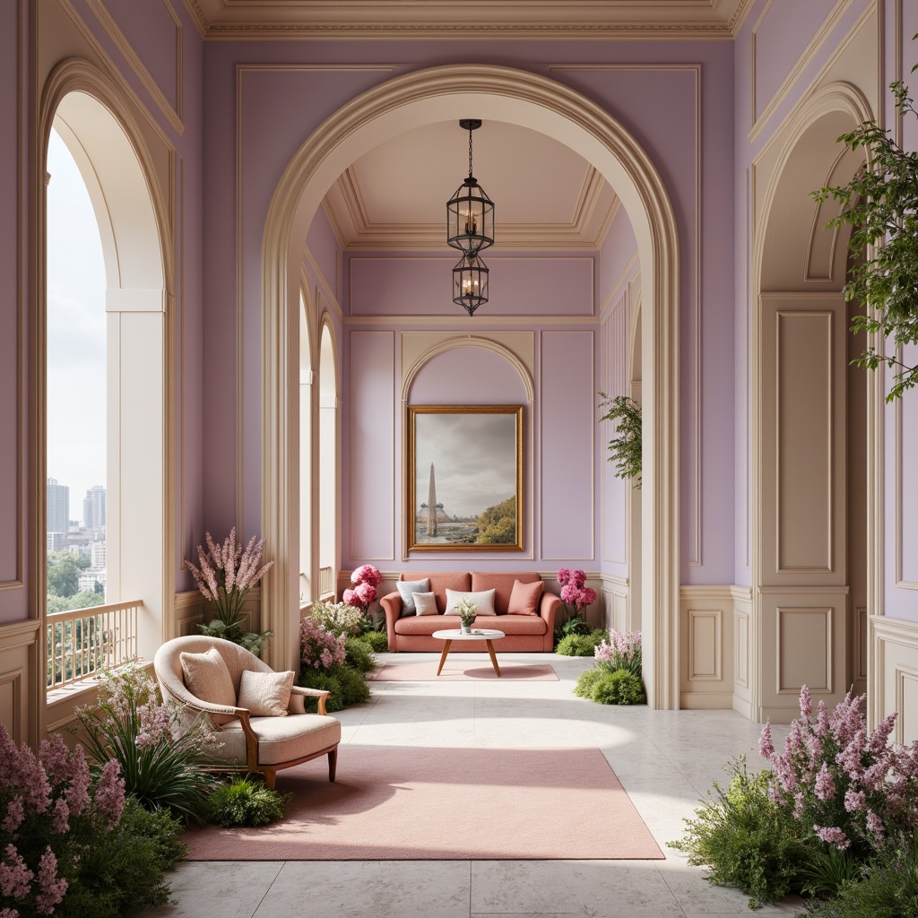 Prompt: Pastel lilac walls, soft peach accents, creamy whites, warm beige tones, lush greenery, delicate florals, natural wood textures, elegant archways, ornate moldings, luxurious velvet fabrics, subtle sheen finishes, ambient soft lighting, shallow depth of field, 1/1 composition, intimate atmosphere, romantic ambiance.