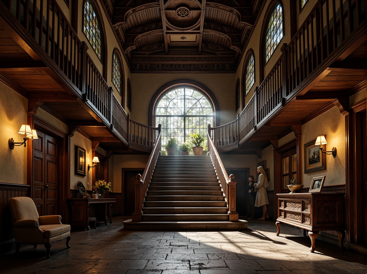 Prompt: Grand staircase, ornate archways, Gothic-style columns, ribbed vaulted ceiling, stained glass windows, rich wood paneling, intricate carvings, luxurious furnishings, warm atmospheric lighting, dramatic shadows, symmetrical composition, 1/2 format camera angle, cinematic mood, mysterious ambiance, historic architectural details, worn stone floors, distressed wooden doors, ornamental metalwork, mystical atmosphere, eerie silence.