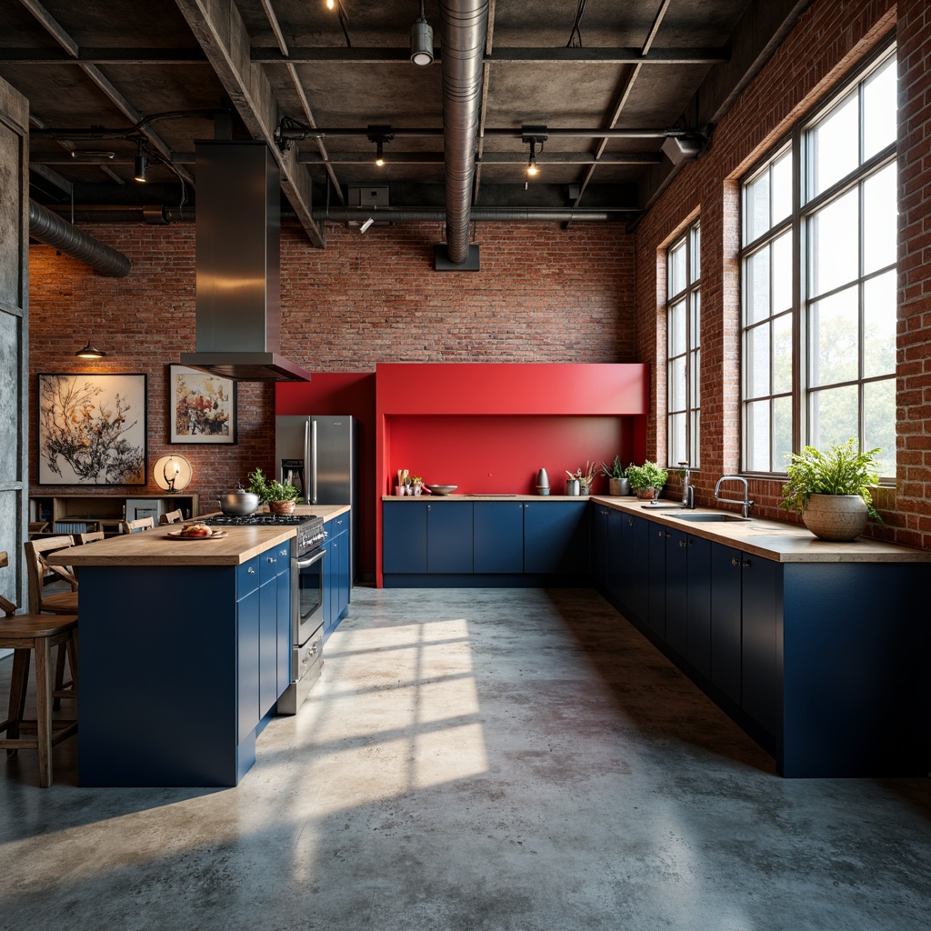 Prompt: Industrial kitchen space, exposed brick walls, raw concrete floors, metal beams, bold red accents, deep blue cabinets, matte black countertops, stainless steel appliances, minimalist decor, urban loft atmosphere, natural light pouring in, soft warm lighting, shallow depth of field, 1/1 composition, realistic textures, ambient occlusion.