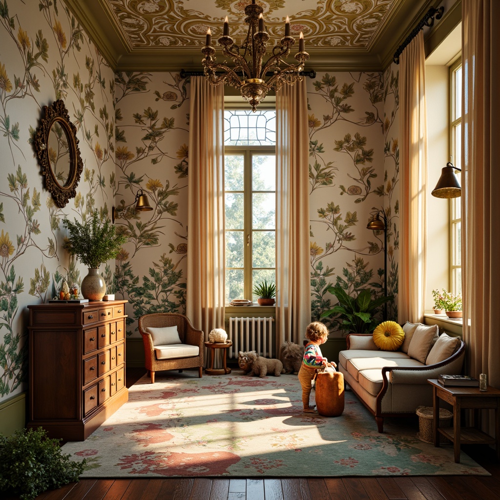 Prompt: Whimsical kid's room, ornate wallpaper, sinuous lines, flowing curves, botanical motifs, soft pastel colors, warm golden lighting, luxurious velvet fabrics, carved wooden furniture, intricate metalwork, stained glass windows, nature-inspired accents, playful patterns, 3D textures, shallow depth of field, atmospheric perspective, vibrant color palette, eclectic decorative elements.