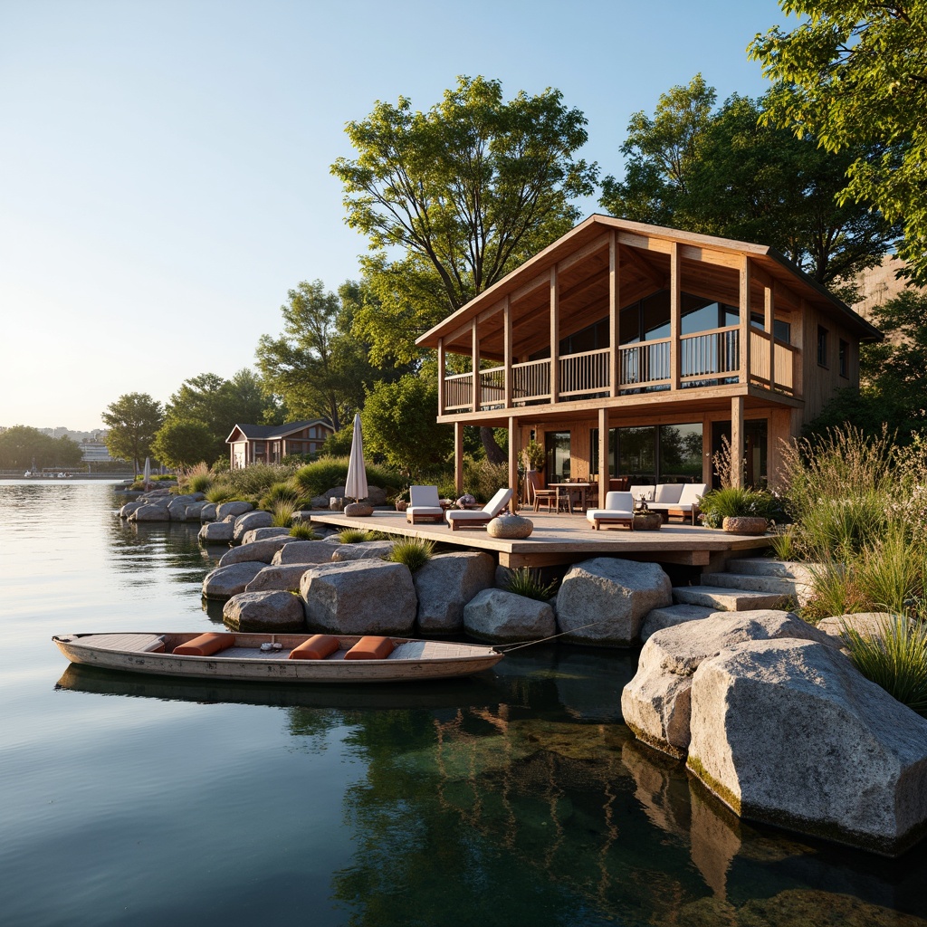 Prompt: Waterfront location, rustic wooden boathouse, natural stone foundation, sloping roof, nautical decorations, aquatic plants, serene lake views, sunny day, soft warm lighting, shallow depth of field, 3/4 composition, panoramic view, realistic textures, ambient occlusion, open deck spaces, comfortable outdoor furniture, sailboat-inspired design elements, distressed wood accents, marine-themed accessories, vintage nautical instruments, cozy interior nooks, large windows, sliding glass doors, lake-inspired color palette.