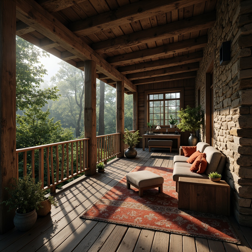 Prompt: Rustic wooden cabins, weathered stone walls, distressed metal accents, earthy color palette, natural materials, organic shapes, intricate carvings, worn-out furniture, vintage decorations, soft warm lighting, shallow depth of field, 1/1 composition, realistic textures, ambient occlusion, misty atmosphere, serene forest surroundings.