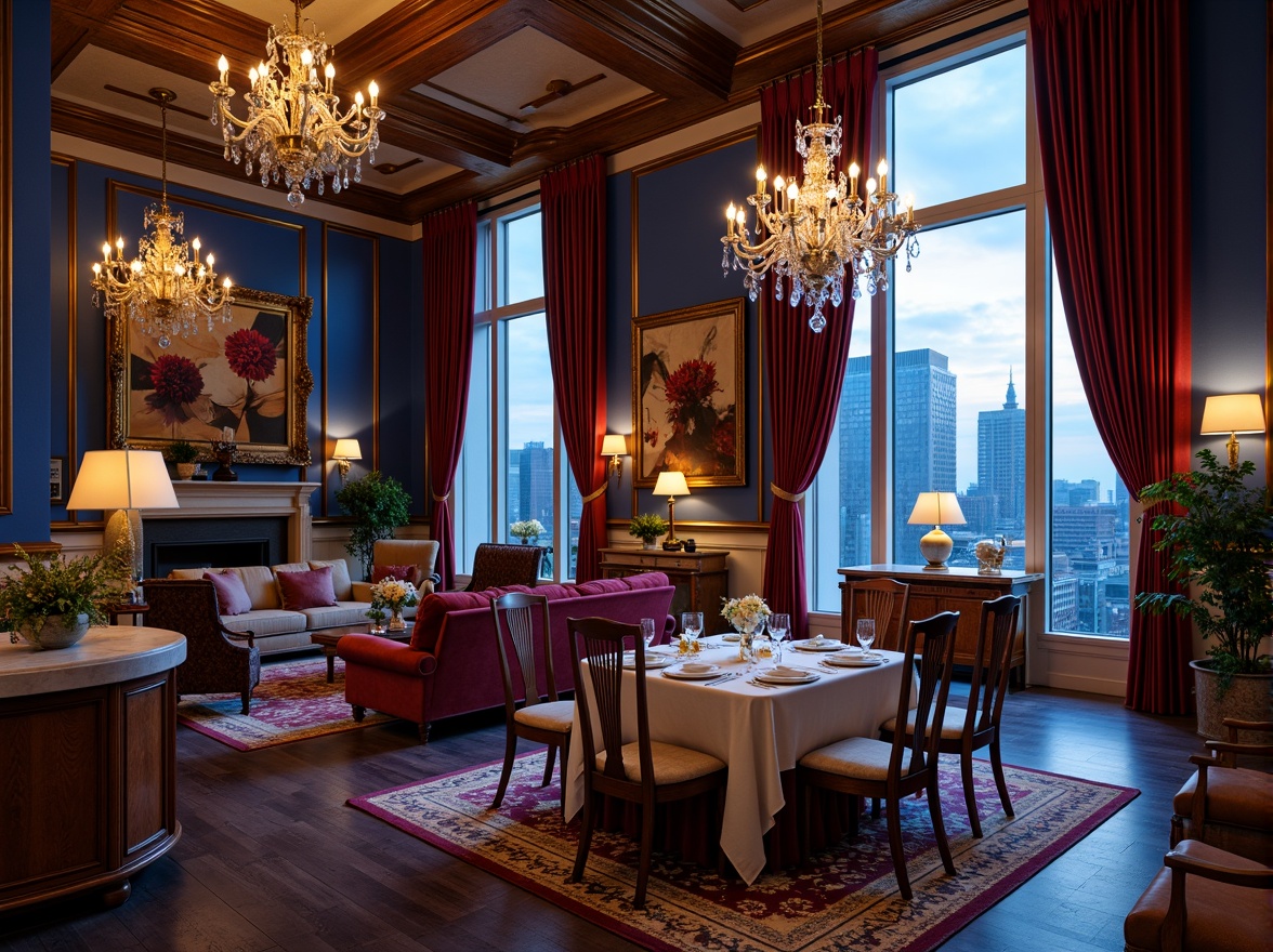 Prompt: Rich blue violet walls, warm golden lighting, luxurious velvet fabrics, ornate wooden furniture, elegant crystal chandeliers, sophisticated marble countertops, refined porcelain dinnerware, plush area rugs, majestic floor-to-ceiling curtains, subtle sheen finishes, intimate cozy atmosphere, dramatic high ceilings, panoramic city views, soft evening ambiance, 1/1 composition, realistic reflections, ambient occlusion.