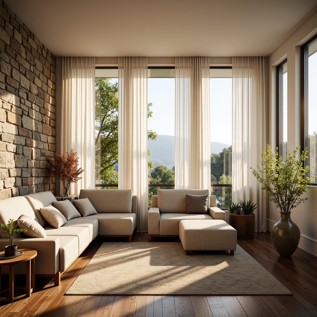 Prompt: Cozy living room, large windows, soft warm lighting, natural stone walls, wooden floors, minimalist decor, comfortable sofas, greenery plants, blooming flowers, sheer white curtains, subtle shadows, gentle highlights, 1/1 composition, shallow depth of field, realistic textures, ambient occlusion.