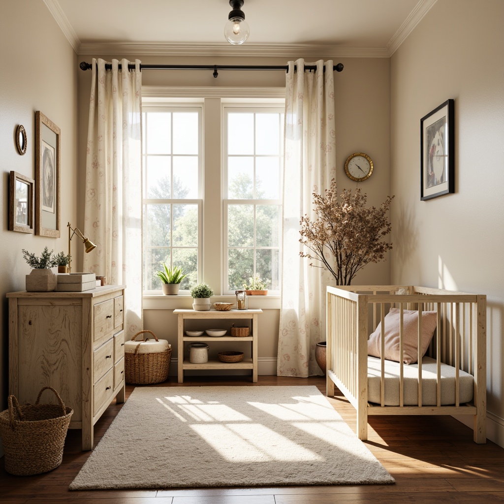 Prompt: Cozy baby nursery, farmhouse decor, distressed wood furniture, vintage metal frames, soft pastel colors, plush area rug, natural woven basket, antique wooden crib, rustic changing table, creamy white glaze, ornate metal hardware, floral patterned curtains, warm beige walls, traditional country style, abundant natural light, shallow depth of field, 1/1 composition, realistic textures, ambient occlusion.