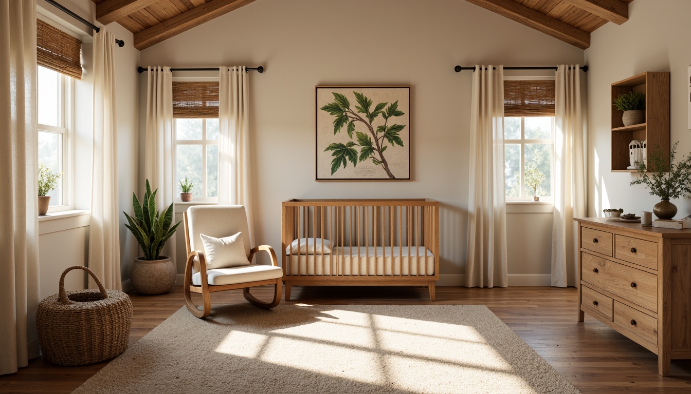 Prompt: Cozy nursery, natural wood accents, plush area rugs, warm beige walls, soft cream curtains, billowy drapes, rustic wooden blinds, woven bamboo shades, gentle filtered light, cozy reading nook, comfortable glider rocker, vintage-inspired wall art, earthy tone fabrics, botanical prints, nature-inspired decor, peaceful ambiance, warm inviting atmosphere, soft warm lighting, shallow depth of field, 1/1 composition, intimate setting.