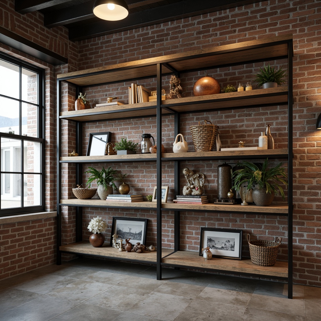 Prompt: Industrial-chic open shelving unit, metal frames, reclaimed wood planks, urban loft atmosphere, functional storage space, stylish decorative display, minimalist aesthetic, modern industrial design, exposed brick walls, polished concrete floors, cozy ambient lighting, 1/1 composition, shallow depth of field, realistic textures.