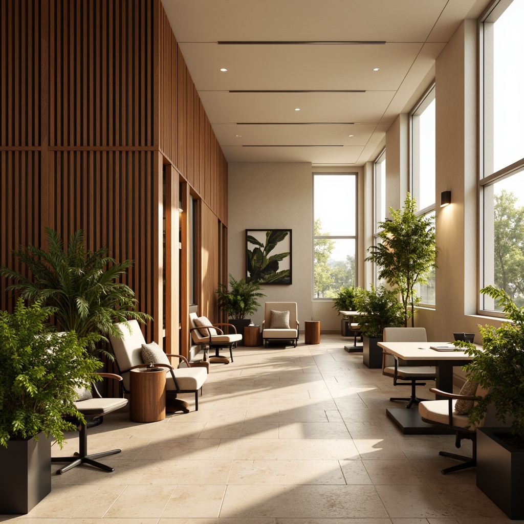 Prompt: Calming office atmosphere, soft beige walls, rich walnut wood accents, comfortable ergonomic chairs, sleek metal desks, vibrant green plants, natural stone floors, warm golden lighting, 3/4 composition, shallow depth of field, realistic textures, ambient occlusion.