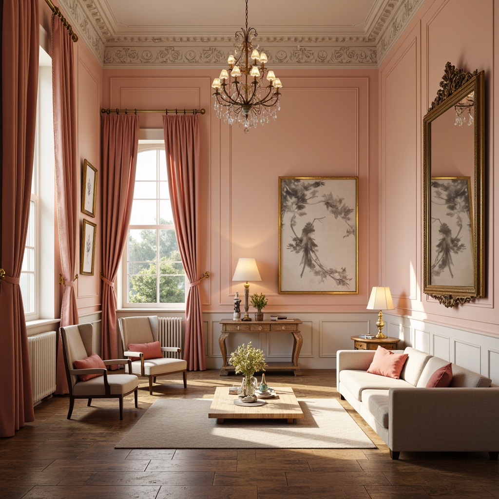 Prompt: Soft peach walls, creamy white trim, warm beige furniture, delicate rose accents, subtle gold leafing, ornate mirrors, luxurious velvet drapes, distressed wood flooring, elegant crystal chandeliers, soft natural light, warm candle glow, shallow depth of field, 1/1 composition, intimate atmosphere, realistic textures, ambient occlusion.