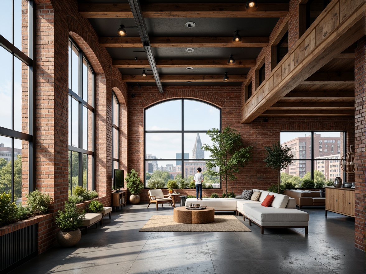 Prompt: Exposed brick walls, industrial metal beams, reclaimed wood accents, modern minimalist decor, airy open-plan living spaces, large factory-style windows, polished concrete floors, rustic metal lighting fixtures, cozy reading nooks, urban cityscape views, soft warm ambient lighting, shallow depth of field, 3/4 composition, panoramic view, realistic textures, ambient occlusion.