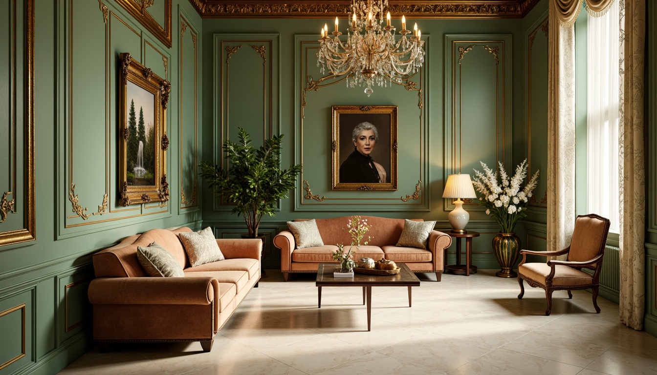 Prompt: Luxurious Baroque interior, warm celadon green walls, ornate golden accents, intricate carvings, soft cream marble floors, plush velvet furniture, delicate lace curtains, crystal chandeliers, subtle shadowing, warm candlelight, 1/1 composition, intimate atmosphere, rich textures, elegant furnishings, sophisticated color palette, refined decorative elements, serene ambiance.