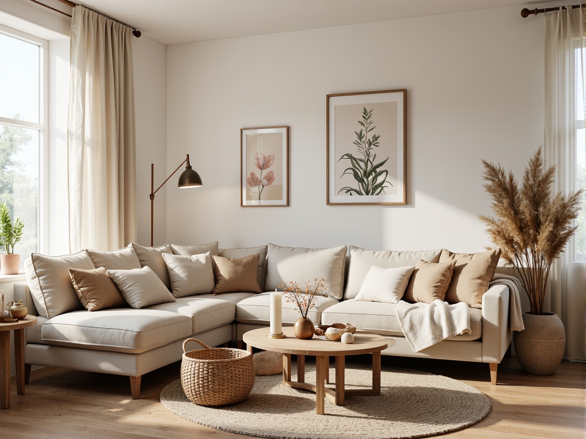 Prompt: Cozy Scandinavian living room, plush throw blankets, soft velvety sofas, natural wood accents, woven wicker baskets, creamy white walls, minimal ornamentation, warm candle lighting, sheer linen curtains, organic textures, earthy color palette, botanical prints, nature-inspired patterns, abstract geometric motifs, rustic wooden flooring, modern minimalist furniture, serene ambiance, soft box lighting, 1/1 composition, shallow depth of field, realistic rendering.