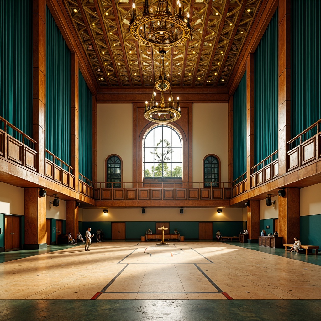 Prompt: Art Deco gymnasium, luxurious velvet drapes, ornate metalwork, geometric patterns, rich wood tones, bold bright colors, golden accents, lavish chandeliers, opulent marble floors, sleek metallic surfaces, vibrant turquoise hues, warm beige tones, dramatic spotlighting, high-contrast shadows, 1/2 composition, symmetrical framing, cinematic lighting, realistic reflections.