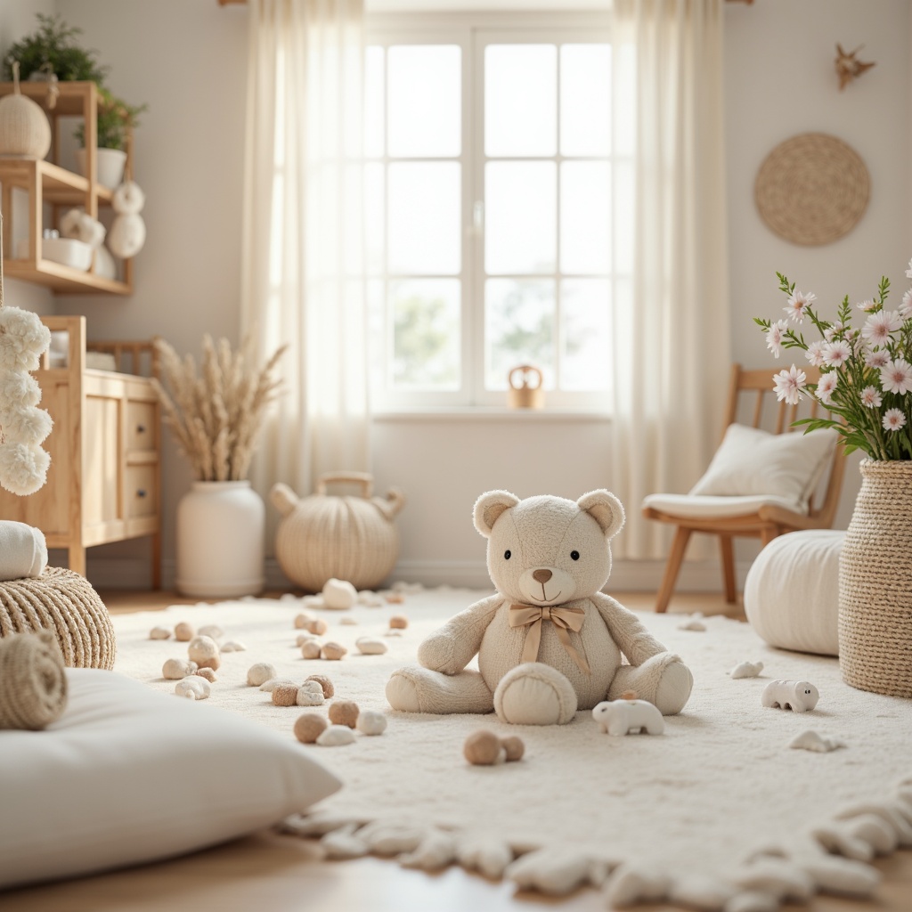 Prompt: Soft baby nursery, gentle pastel hues, creamy whites, warm beige tones, natural wood accents, plush toys, cozy textiles, whimsical mobiles, delicate florals, soothing ambient lighting, shallow depth of field, 1/1 composition, intimate close-up shots, realistic fabric textures, subtle color gradations, calming atmosphere.