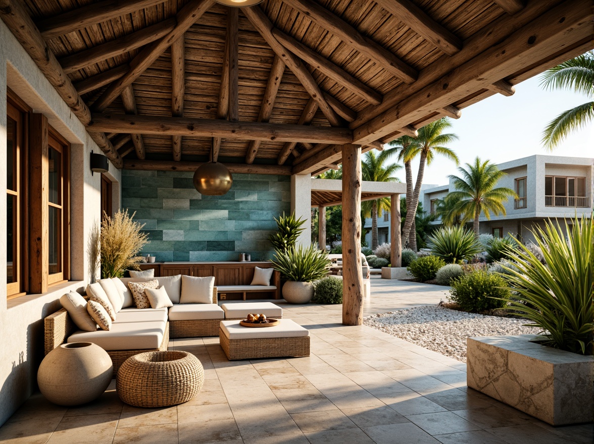 Prompt: Rustic beachside villa, weathered wooden planks, driftwood accents, sea-salt-worn stonework, rough-hewn pebbles, ocean-blue glazed tiles, soft sandy dunes, lush greenery, tropical plants, coral-inspired patterns, natural fiber textiles, woven wicker furniture, warm golden lighting, shallow depth of field, 1/2 composition, realistic textures, ambient occlusion.