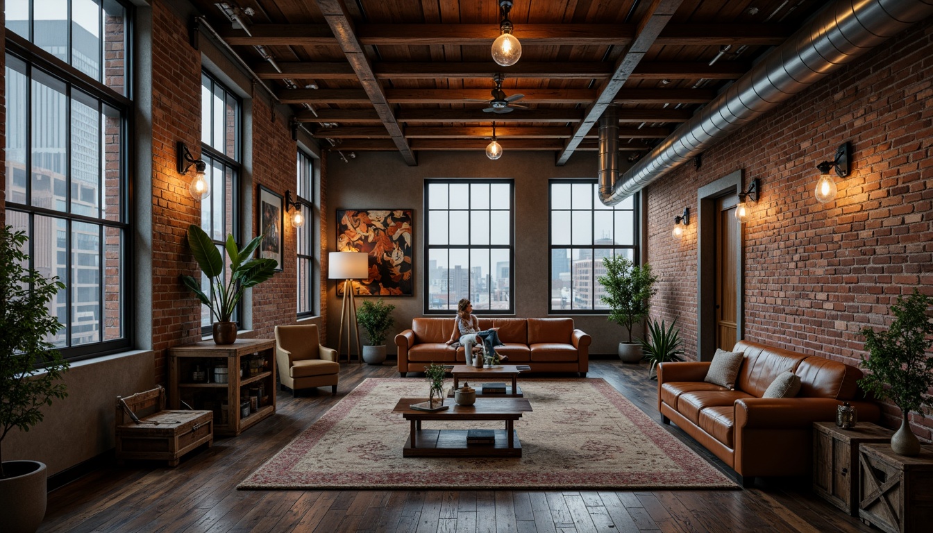 Prompt: Exposed brick walls, metal beams, reclaimed wood floors, vintage industrial lighting, distressed leather sofas, ornate metal gears, Edison bulbs, concrete columns, urban cityscape views, moody dramatic lighting, shallow depth of field, 1/2 composition, realistic metallic textures, ambient occlusion, rough stone accents, worn wooden crates, eclectic decorative artifacts.