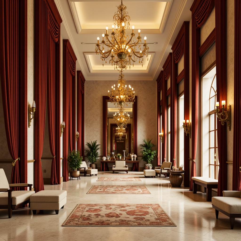 Prompt: Elegant hall interior, luxurious velvet drapes, rich wood paneling, golden chandeliers, creamy marble floors, soft beige walls, warm ambient lighting, ornate mirrors, lavish furnishings, intricate moldings, plush area rugs, statement artwork, sophisticated color scheme, harmonious contrast, 1/2 composition, atmospheric rendering, subtle texture details.