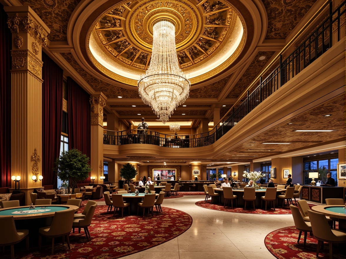 Prompt: Luxurious casino interior, ornate gold leaf detailing, intricate carvings, lavish chandeliers, crystal drops, velvet drapes, rich jewel-toned fabrics, gilded mirrors, curved staircases, marble floors, Baroque-inspired furnishings, lavish ornaments, soft warm lighting, shallow depth of field, 1/2 composition, realistic textures, ambient occlusion.