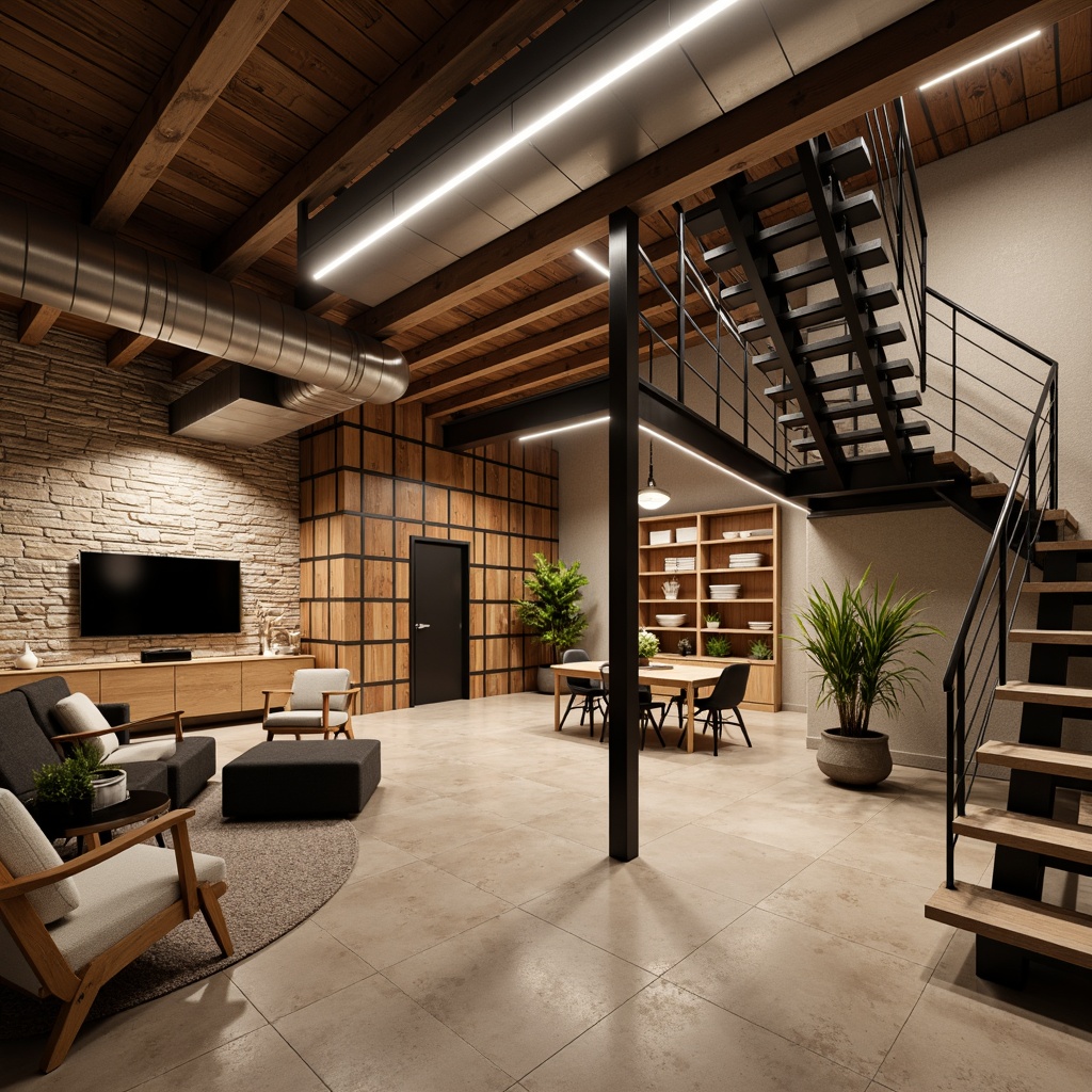 Prompt: Cozy basement, open-plan living area, high ceilings, exposed ductwork, industrial-chic decor, reclaimed wood accents, natural stone walls, earthy color palette, ample lighting, LED strip lights, minimalist furniture, functional storage units, sleek metal railings, modern staircase design, spacious feel, airy atmosphere, subtle texture variations, shallow depth of field, 1/1 composition, soft warm lighting.