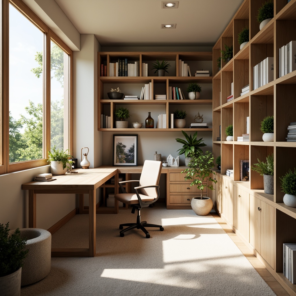 Prompt: Cozy home office, wooden desk, ergonomic chair, natural light, green plants, minimalist decor, calm atmosphere, soft carpet flooring, soundproofing walls, floor-to-ceiling bookshelves, comfortable reading nook, warm beige colors, gentle overhead lighting, shallow depth of field, 1/1 composition, realistic textures, ambient occlusion.