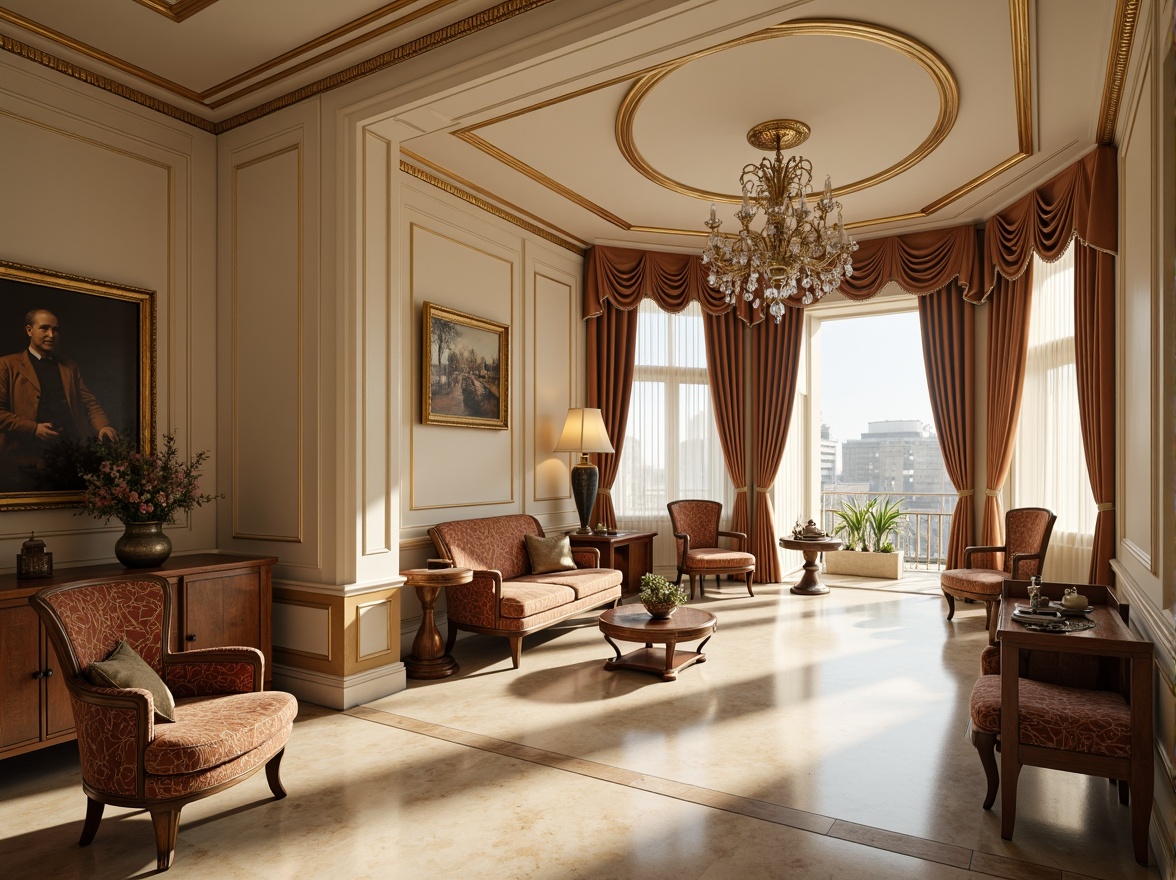 Prompt: Elegant classicism interior, rich wood tones, ornate furnishings, subtle gold accents, soft cream walls, warm beige marble floors, intricate moldings, refined velvet fabrics, luxurious silk drapes, ornamental plaster ceilings, crystal chandeliers, subtle natural light, soft focus, 1/1 composition, atmospheric perspective, detailed textures, realistic reflections.