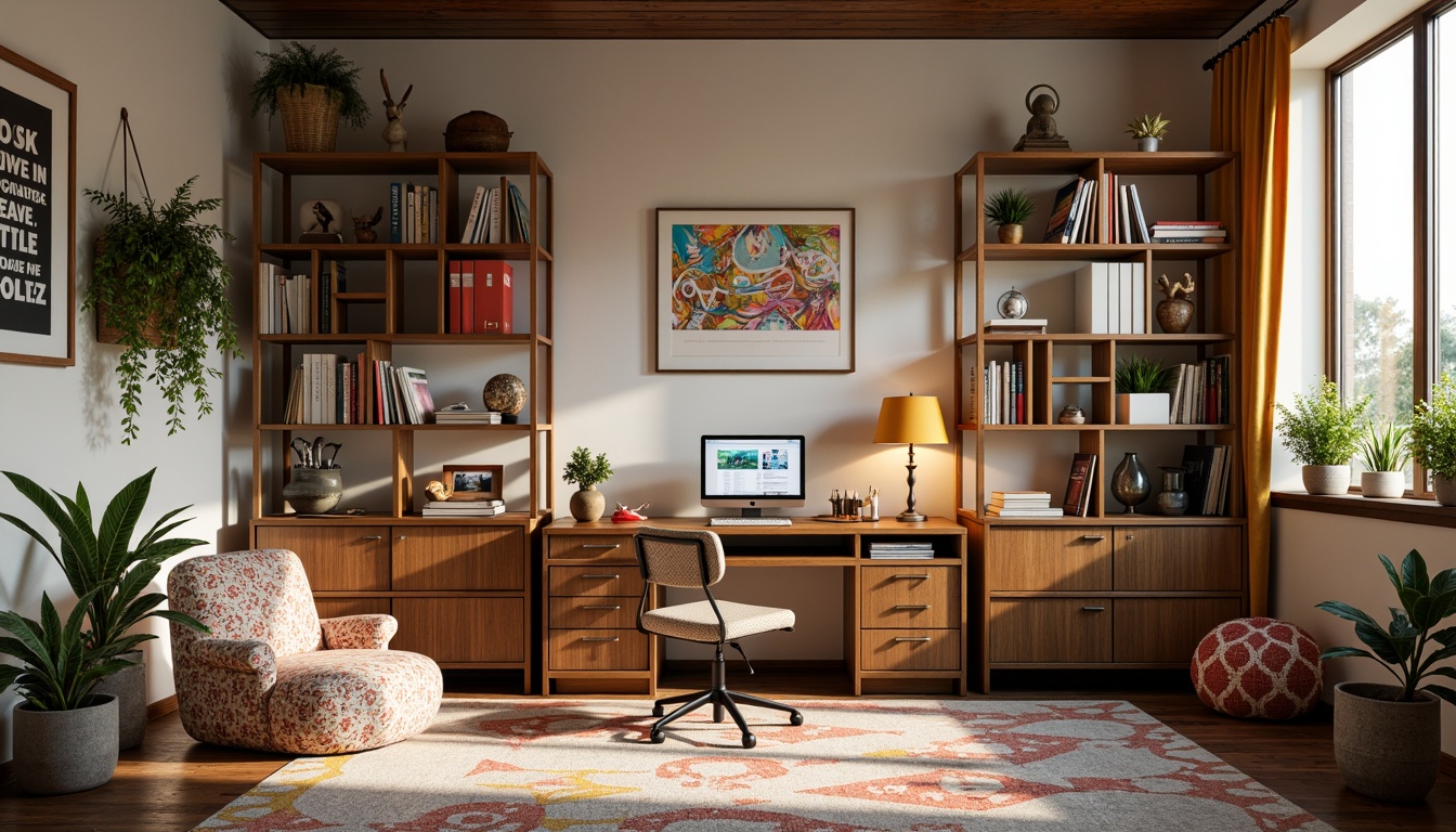 Prompt: Vintage wooden desk, ergonomic chair, bookshelves with ladder, cozy reading nook, plush area rug, bright color accents, inspirational quotes, fun geometric patterns, natural light, soft warm glow, 3/4 composition, shallow depth of field, panoramic view, realistic textures, ambient occlusion, kid-friendly storage bins, educational wall art, whimsical decorative accessories, comfortable bean bags, interactive learning tools.