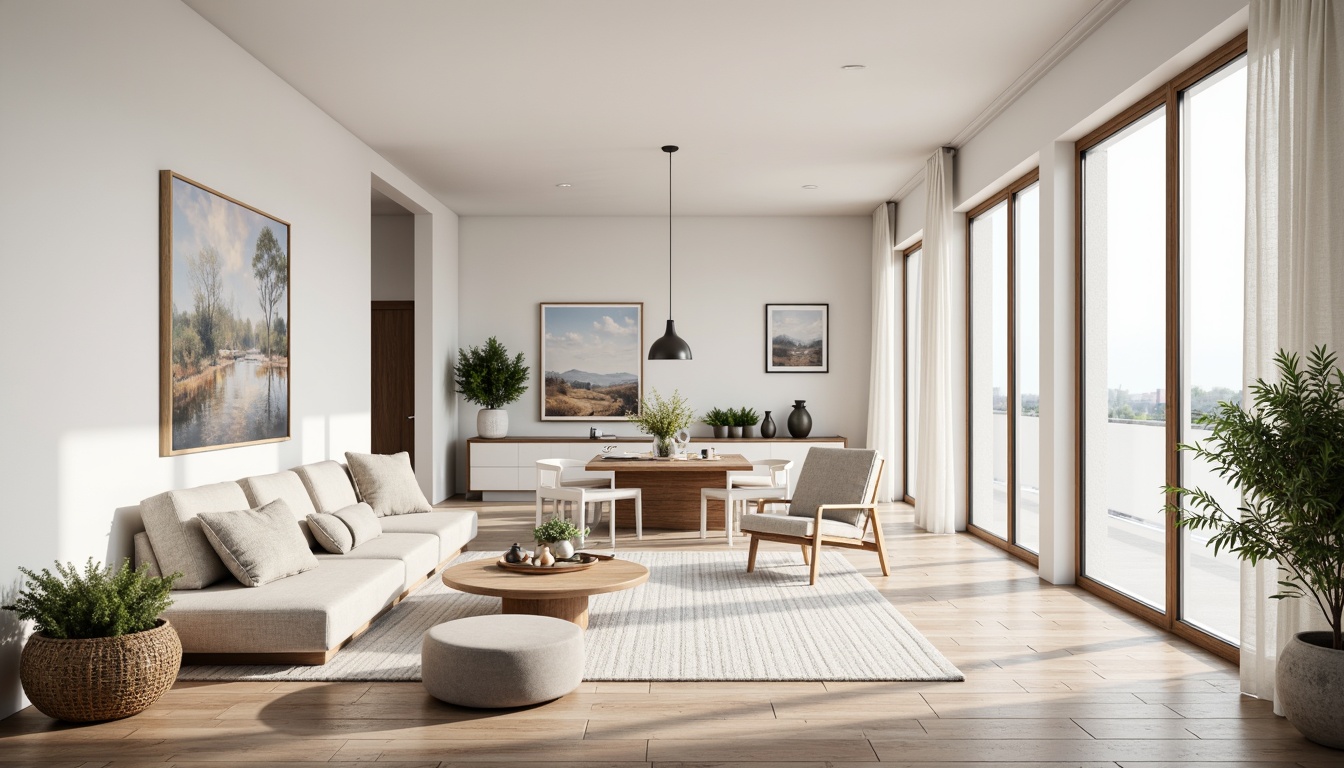 Prompt: Minimalist Scandinavian interior, open-plan living space, light-filled atmosphere, white-painted walls, wooden flooring, Nordic-inspired furniture, sleek lines, functional decor, cozy textiles, natural materials, earthy tones, greenery accents, floor-to-ceiling windows, sliding glass doors, neutral color palette, soft diffused lighting, 1/1 composition, shallow depth of field, realistic textures, ambient occlusion.