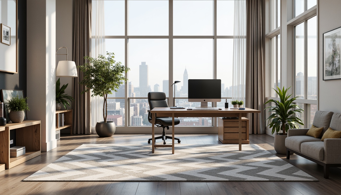 Prompt: Modern home office, sleek desk, ergonomic chair, minimalist decor, natural wood accents, industrial metal legs, comfortable cushioning, adjustable armrests, built-in cable management, geometric patterned rug, floor-to-ceiling windows, abundant natural light, urban cityscape view, subtle color palette, task-oriented lighting, 3/4 composition, shallow depth of field.