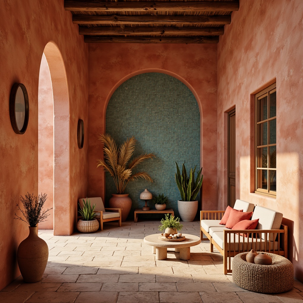 Prompt: Earthy adobe walls, rustic wooden accents, turquoise decorative tiles, sandy beige floors, vibrant coral hues, weathered leather furnishings, natural woven textiles, clay pottery vases, desert botanicals, warm golden lighting, soft atmospheric shading, 1/2 composition, intimate spatial scale, cozy ambiance, organic shapes, distressed wood finishes.