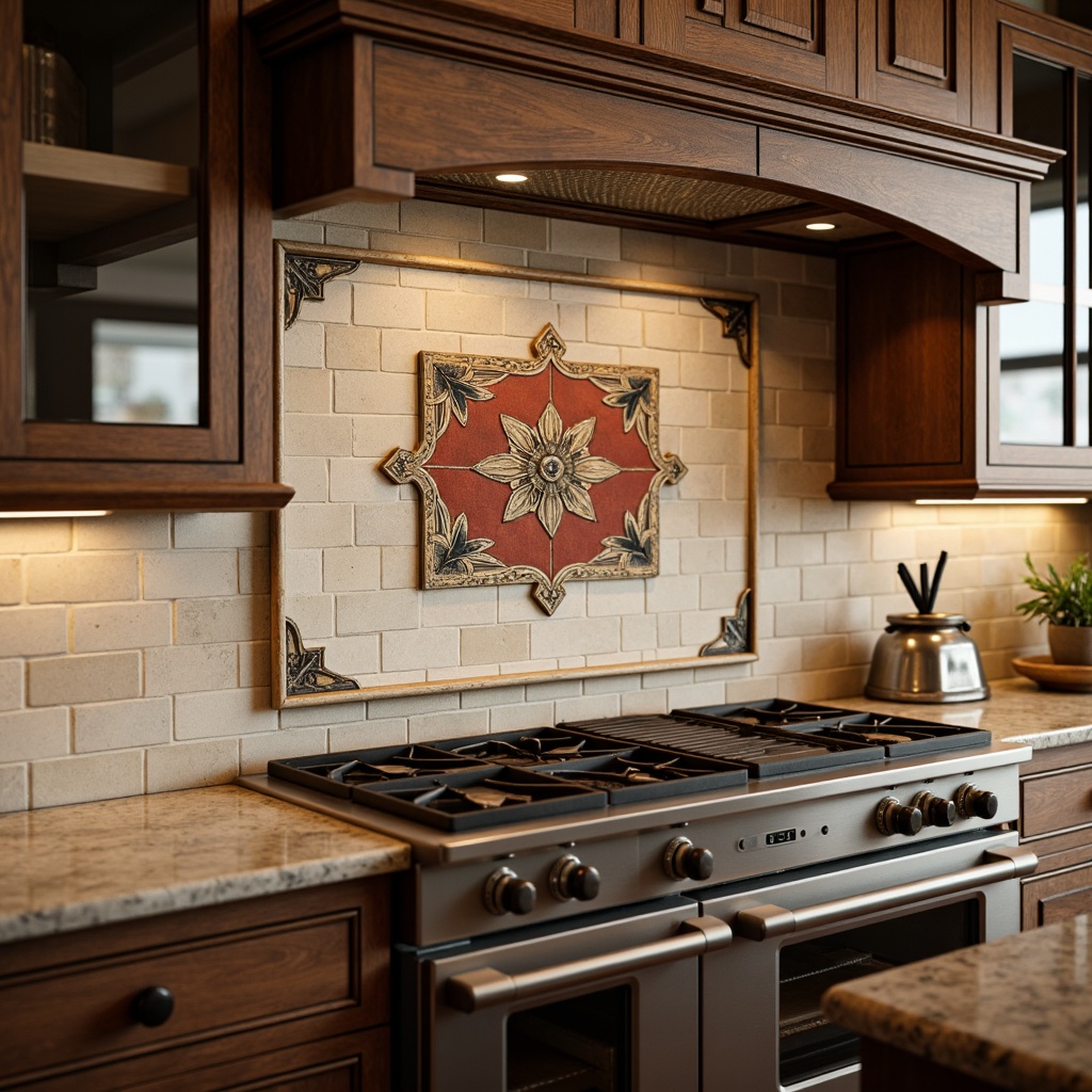 Prompt: Rustic kitchen backsplash, natural stone tiles, earthy tones, wooden cabinets, vintage metal fixtures, distressed finishes, brick red accents, cream-colored subway tiles, decorative ceramic inserts, ornate metal trims, traditional craftsmanship, warm ambient lighting, shallow depth of field, 1/2 composition, realistic textures, subtle reflections.Please let me know if this meets your requirements or if you need any adjustments!