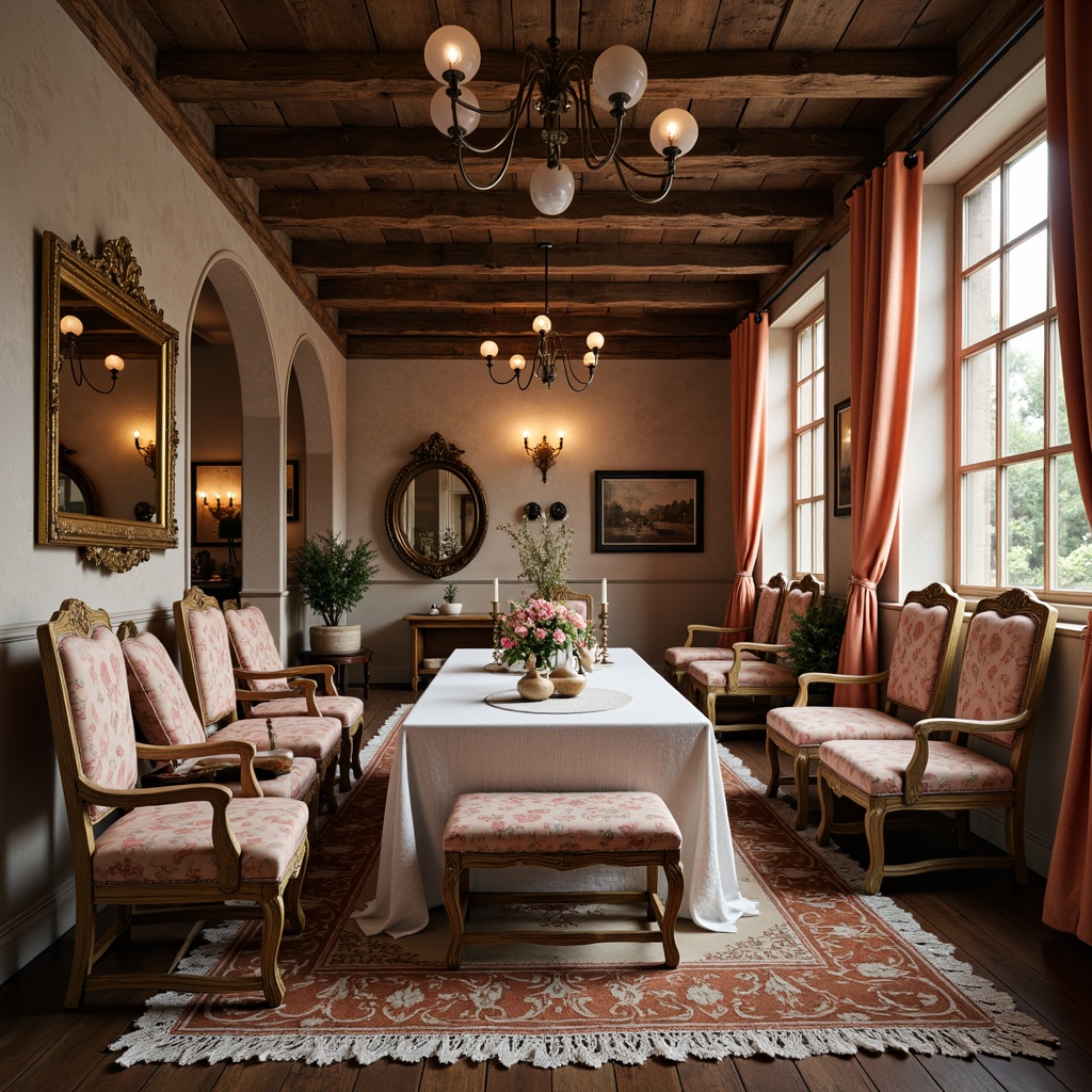 Prompt: Distressed wooden furniture, vintage floral patterns, soft peach tones, lace tablecloths, antique candelabras, ornate mirrors, rustic metal accents, distressed brick walls, natural woven rugs, plush velvet drapes, elegant chandeliers, warm candlelight, shallow depth of field, 1/2 composition, intimate atmosphere, realistic textures, ambient occlusion.